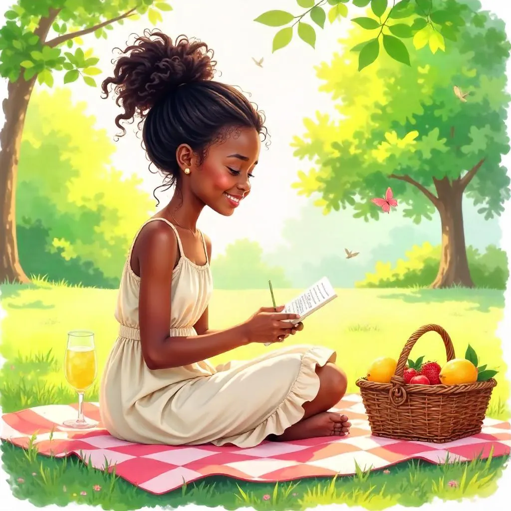 Sunlit Watercolor Picnic with a Beautiful Black Girl
