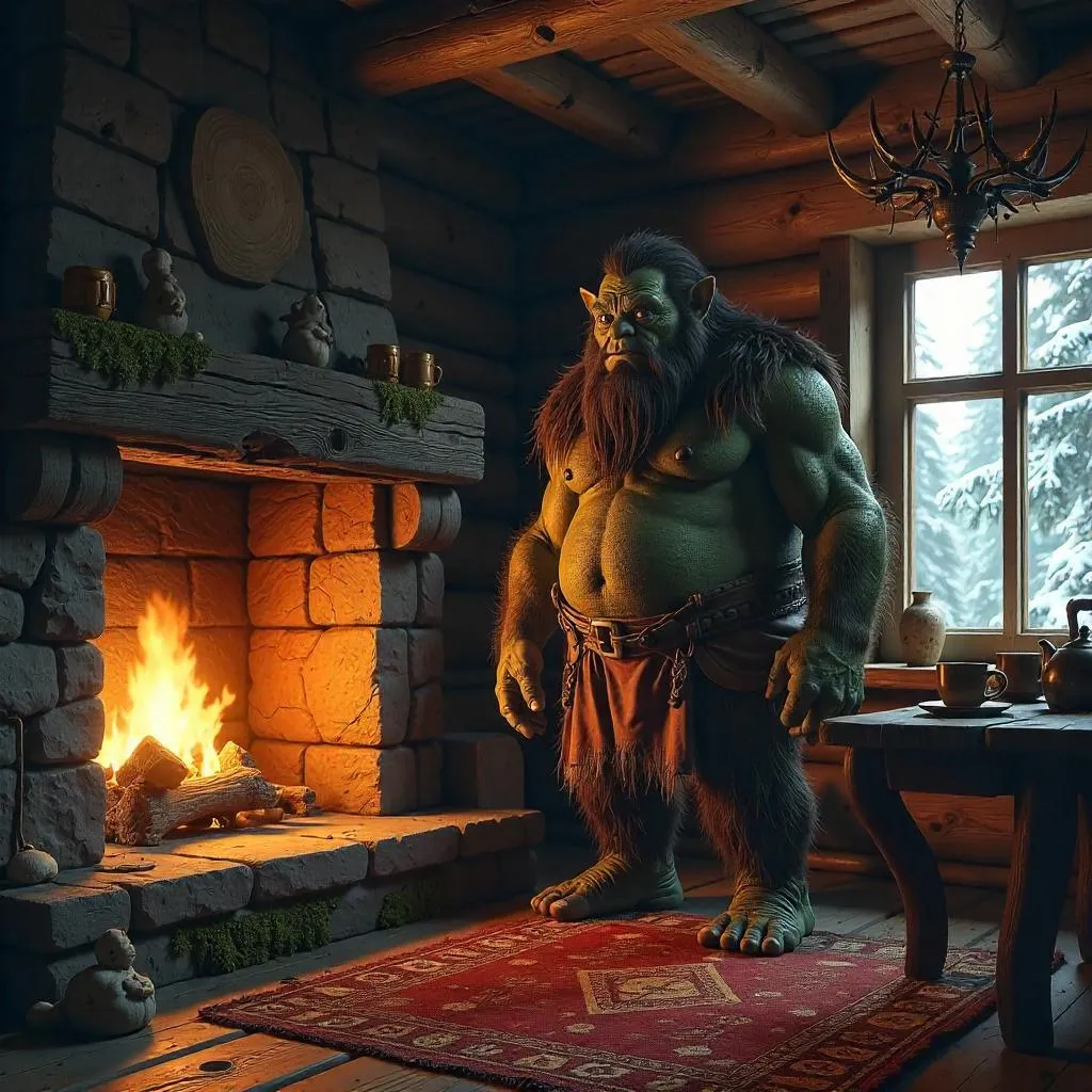 Photoreal Troll in a Warm Rustic Log Cabin