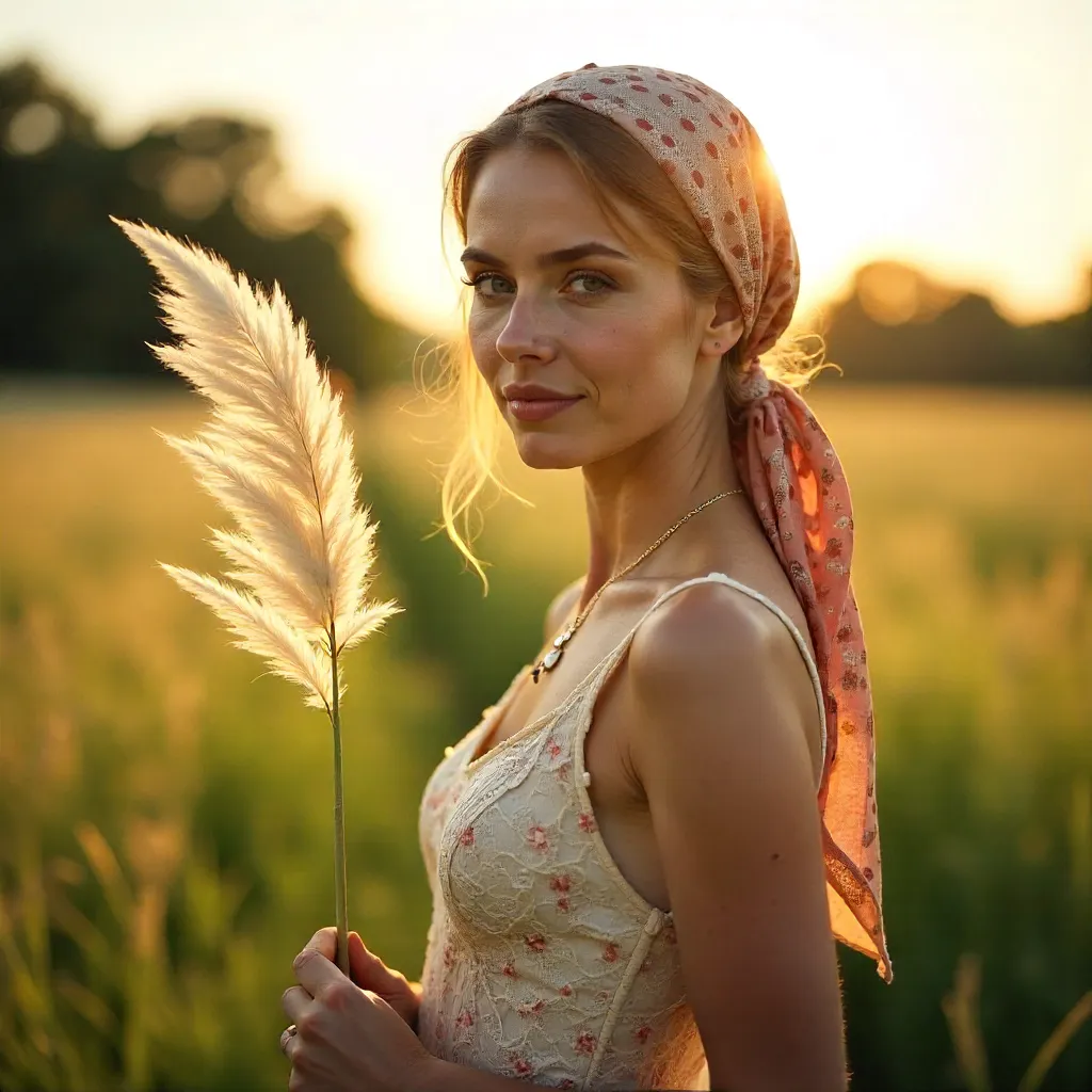 Aesthetic Vintage Portrait with Headscarf and Pampas Grass