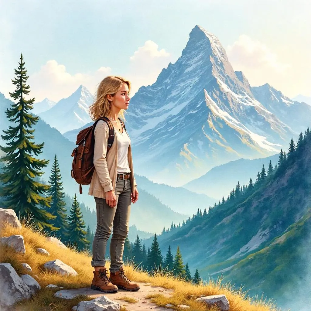Watercolor Mountain Portrait of a Young Woman