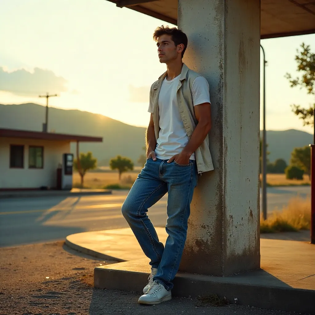 Casual Lean by a Gas Station Pillar at Golden Hour