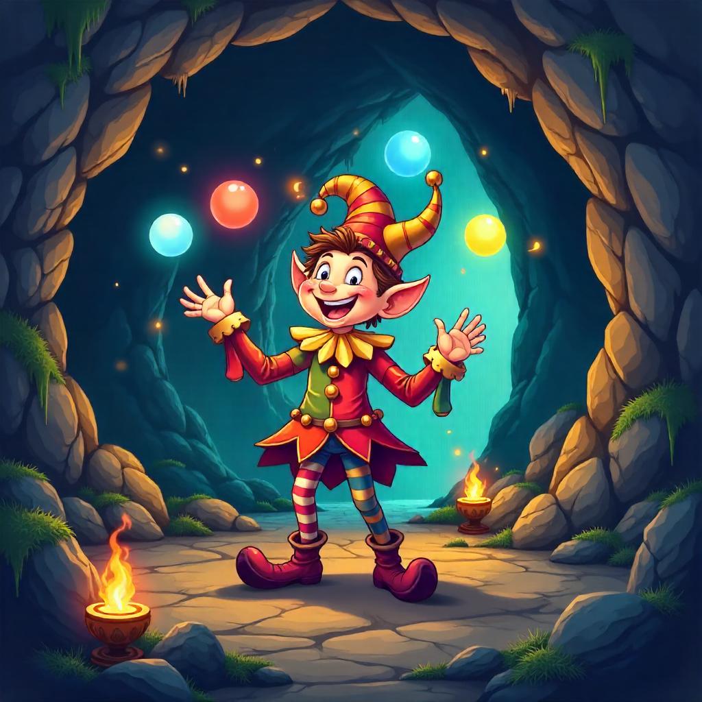 Jester in a Glowing Cave - Cartoon Mischief