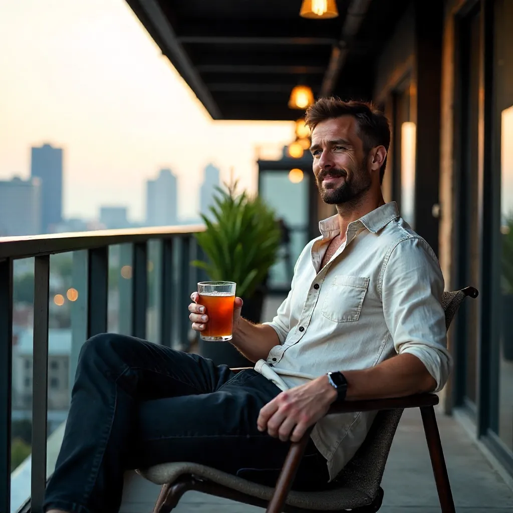 Industrial Balcony Evening: Casual Man with Drink
