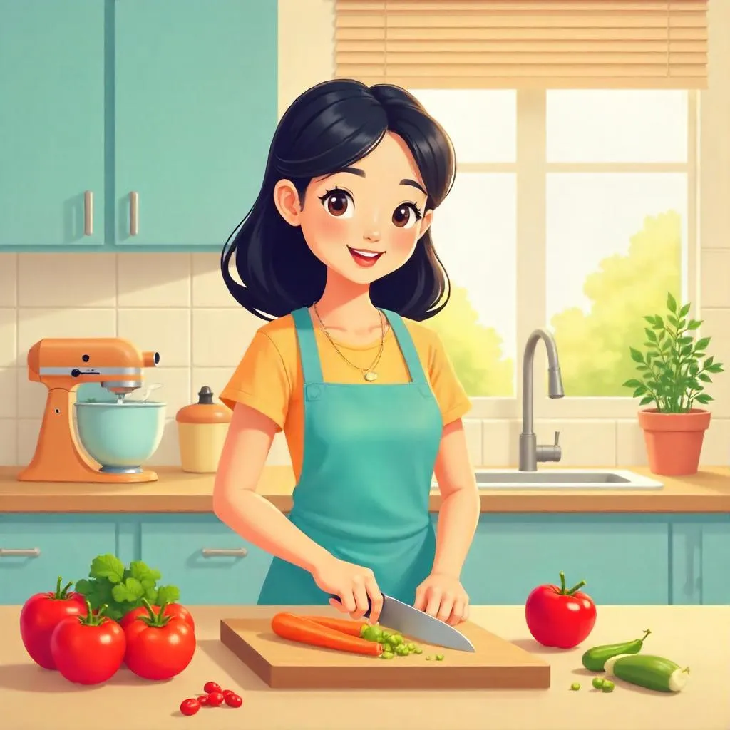 Whimsical Cartoon Kitchen: Young Asian Woman Cooking