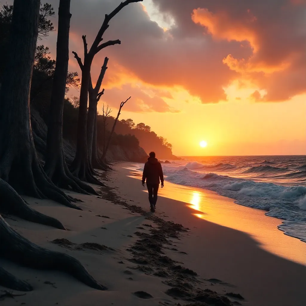 Silhouette at sunset among towering driftwood on the beach