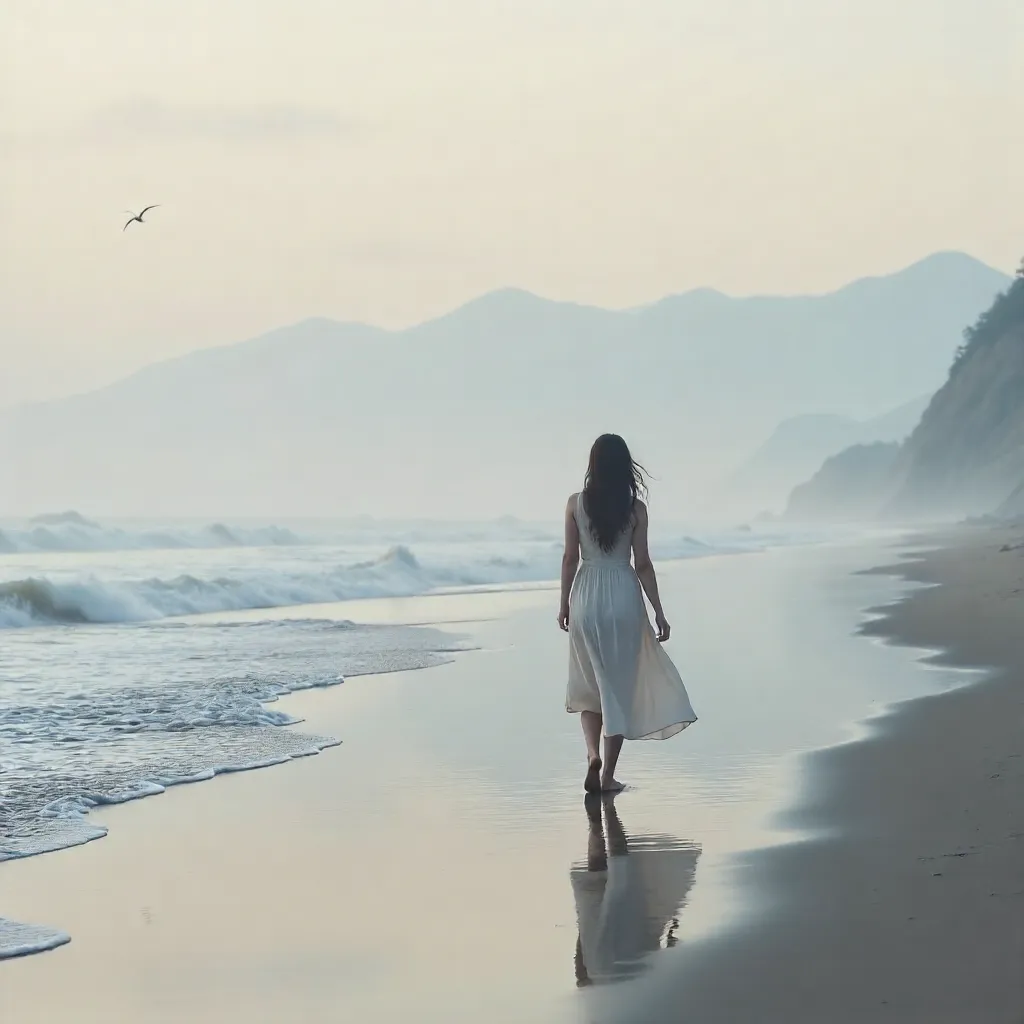 Mist-kissed Solitary Woman on a Serene Beach