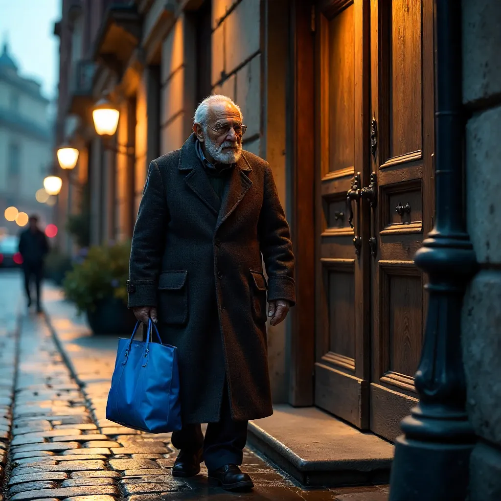 Elderly Man in Coat by a Large Wooden Door