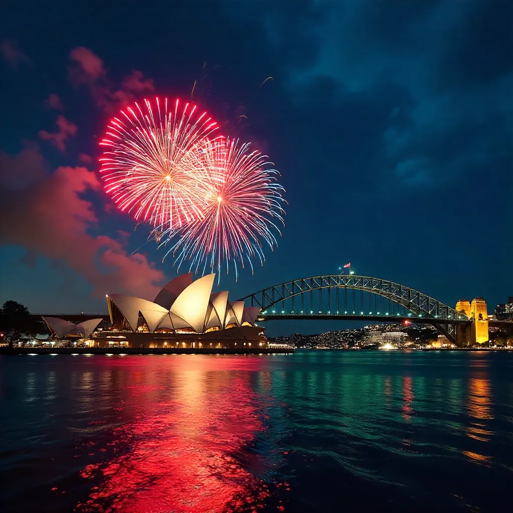 Fireworks Over Sydney Opera House and Harbour Bridge at Night