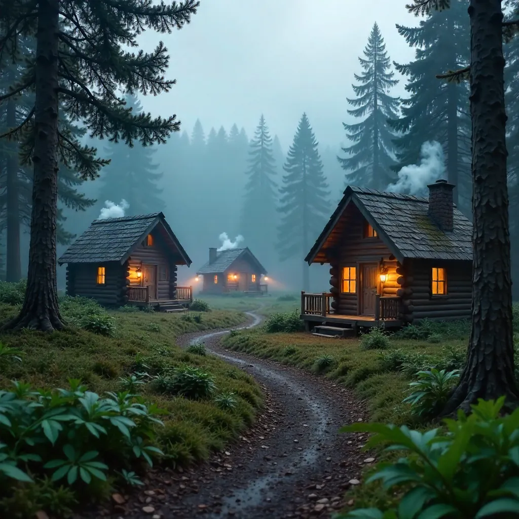 Mist-kissed Cabins in a Serene Forest