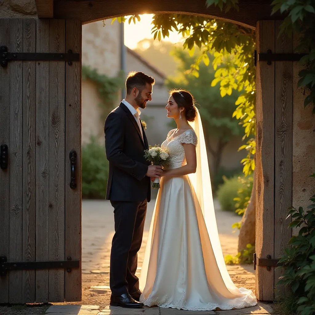 Charming Couple at Rustic Doorway in Traditional Attire