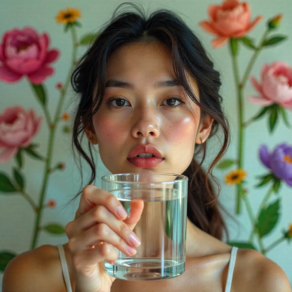 Glass Water Vessel Portrait Amid Floral Bloom