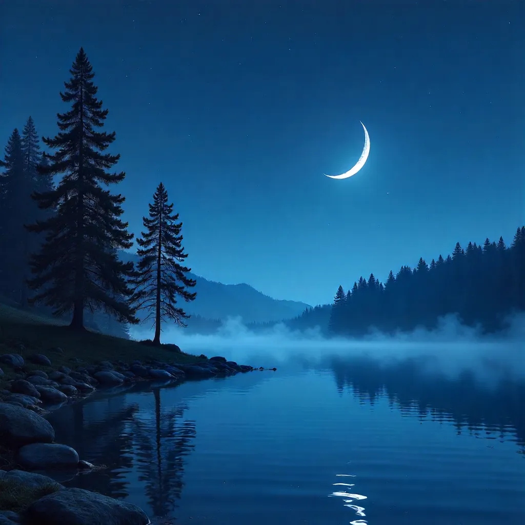 Moonlit Serenity: Crescent Moon Over Silent Pines