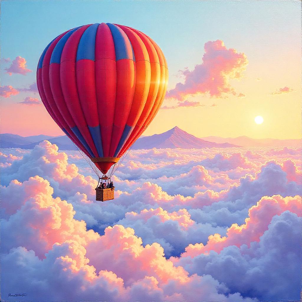 Oil Painting: Balloon Drifting Above Clouds