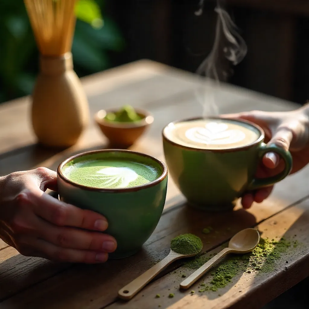 Close-Up: Hands Cradling Matcha and Latte Cups on Rustic Table