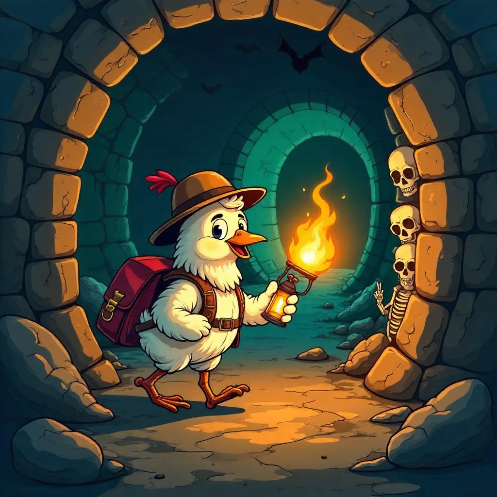 Cartoon Chicken Explorer in the Catacombs