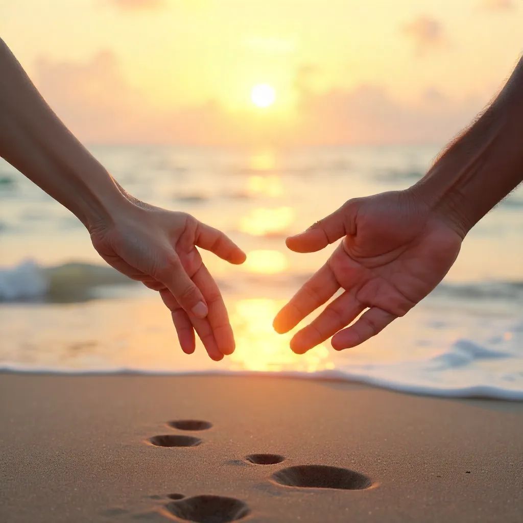 Hands Reach Across a Serene Beach