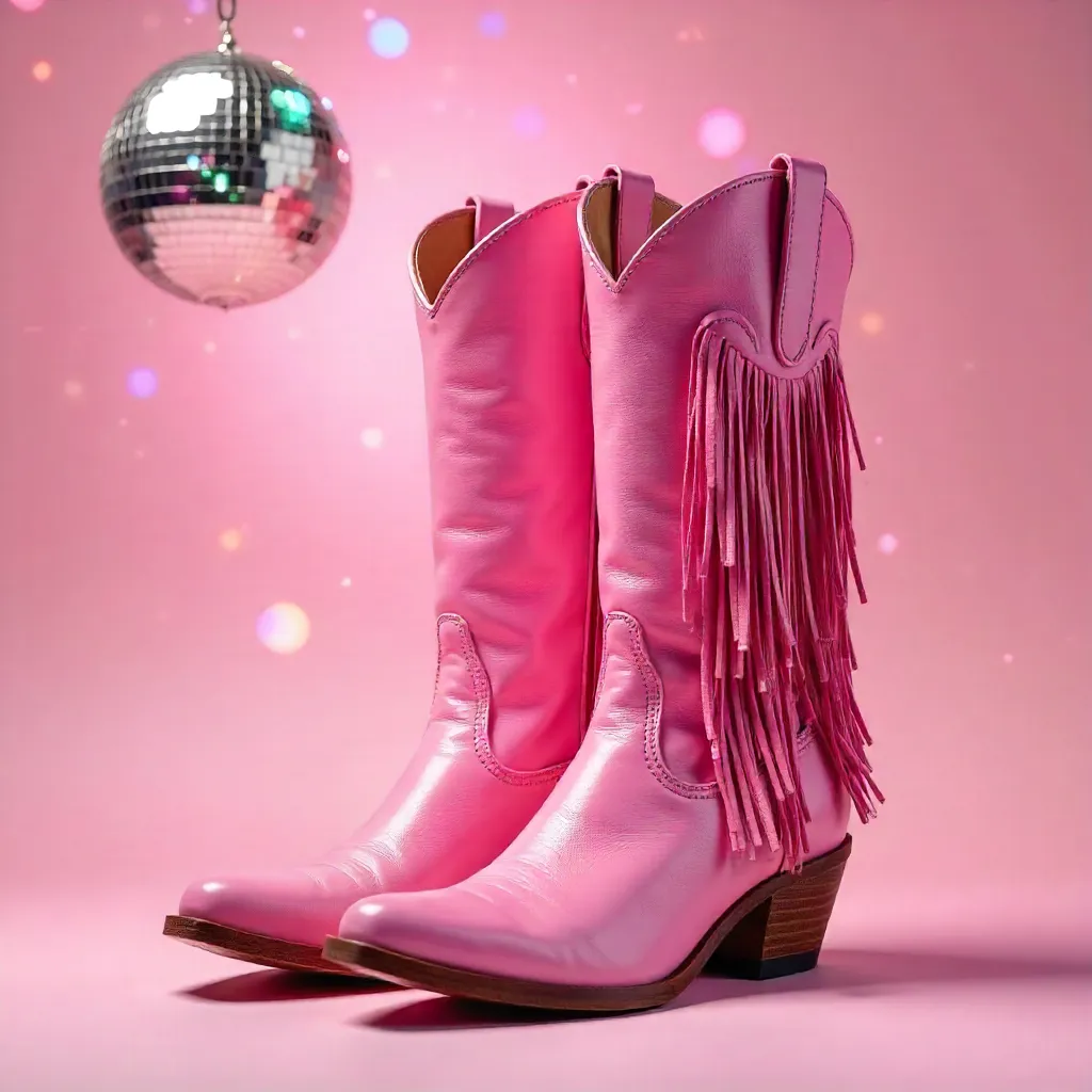Pastel Pink Fringe Boots with a Disco Ball Backdrop