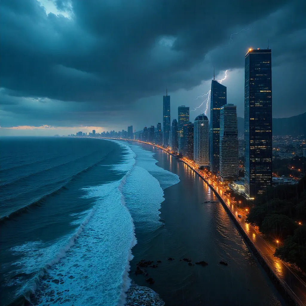 Stormy Aerial Coastline: City Meets Ocean
