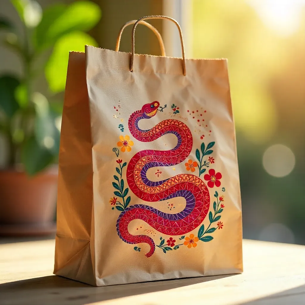 Sunlit Brown Kraft Bag with Colorful Year of the Snake Illustration