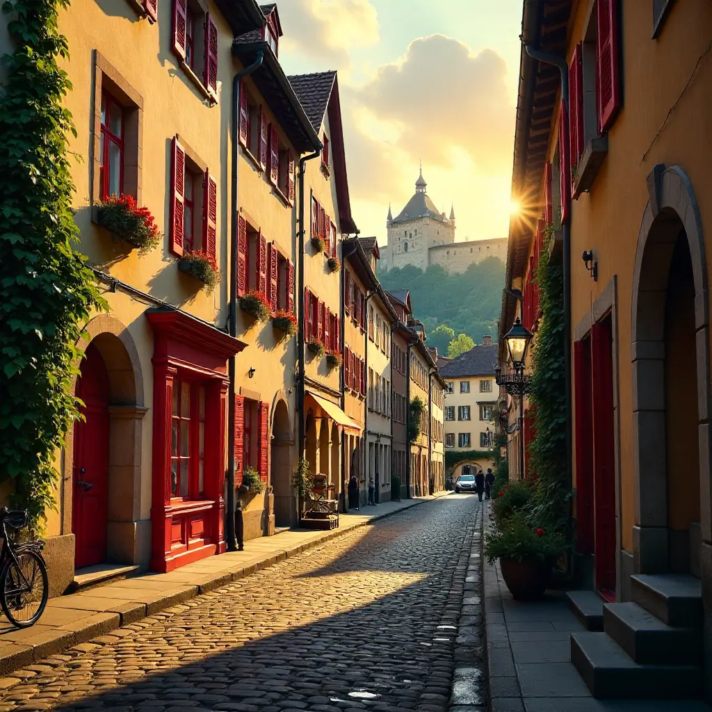 Historic Heidelberg Street with Vibrant Red Accents