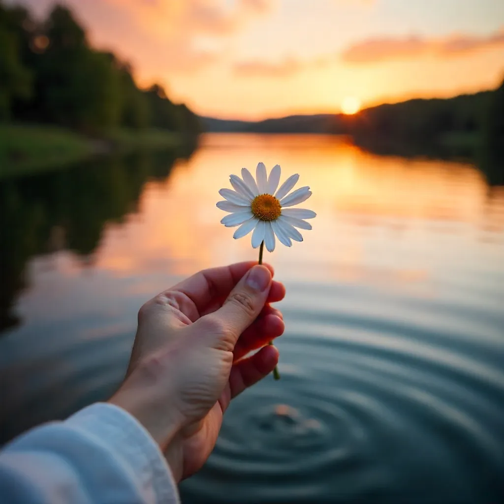 Sunset Hand with Daisy by Tranquil Water