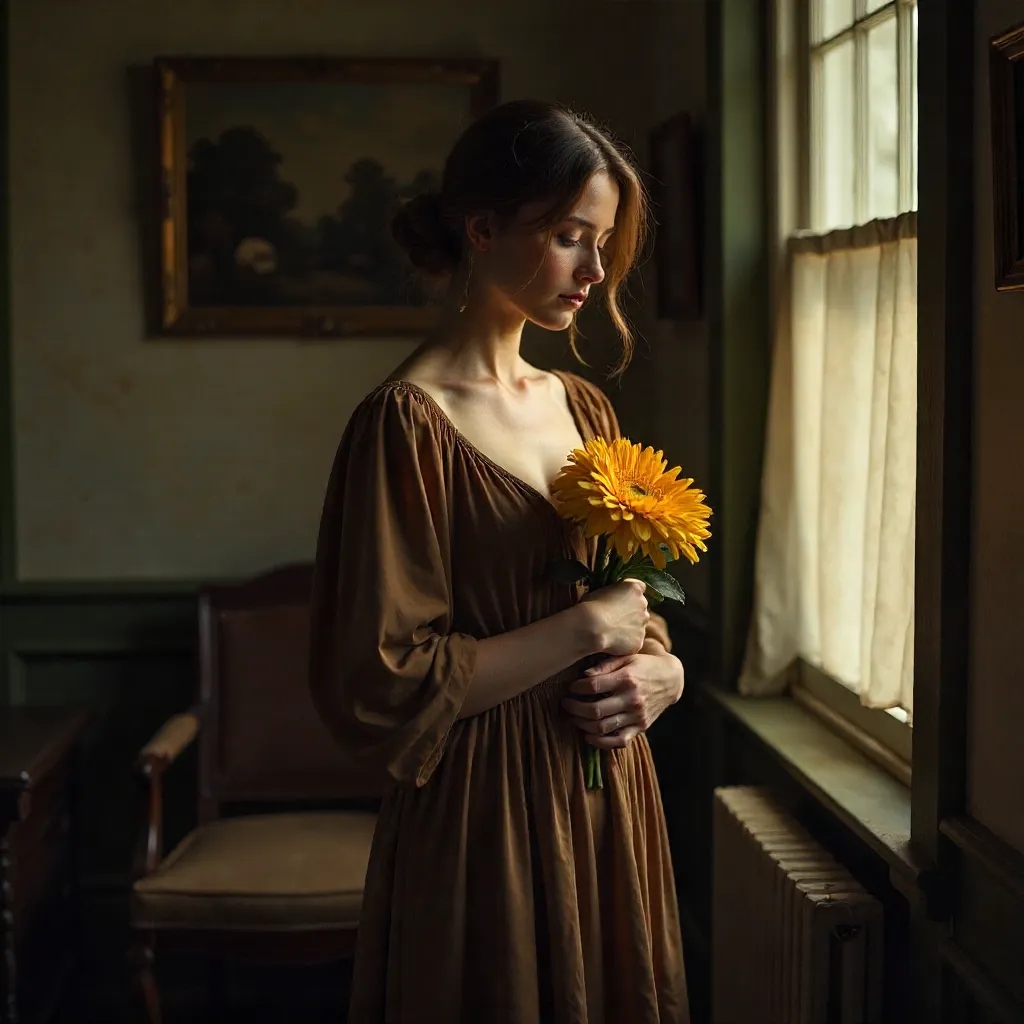 Soft Shadows: Woman in Brown Dress with Chrysanthemum