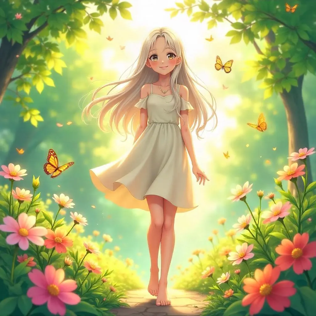 Cheerful Anime Girl in a Sunlit Garden