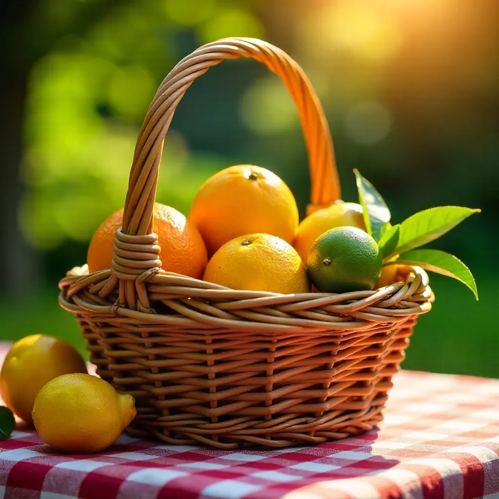 Sunlit Citrus Basket on Checkered Tablecloth