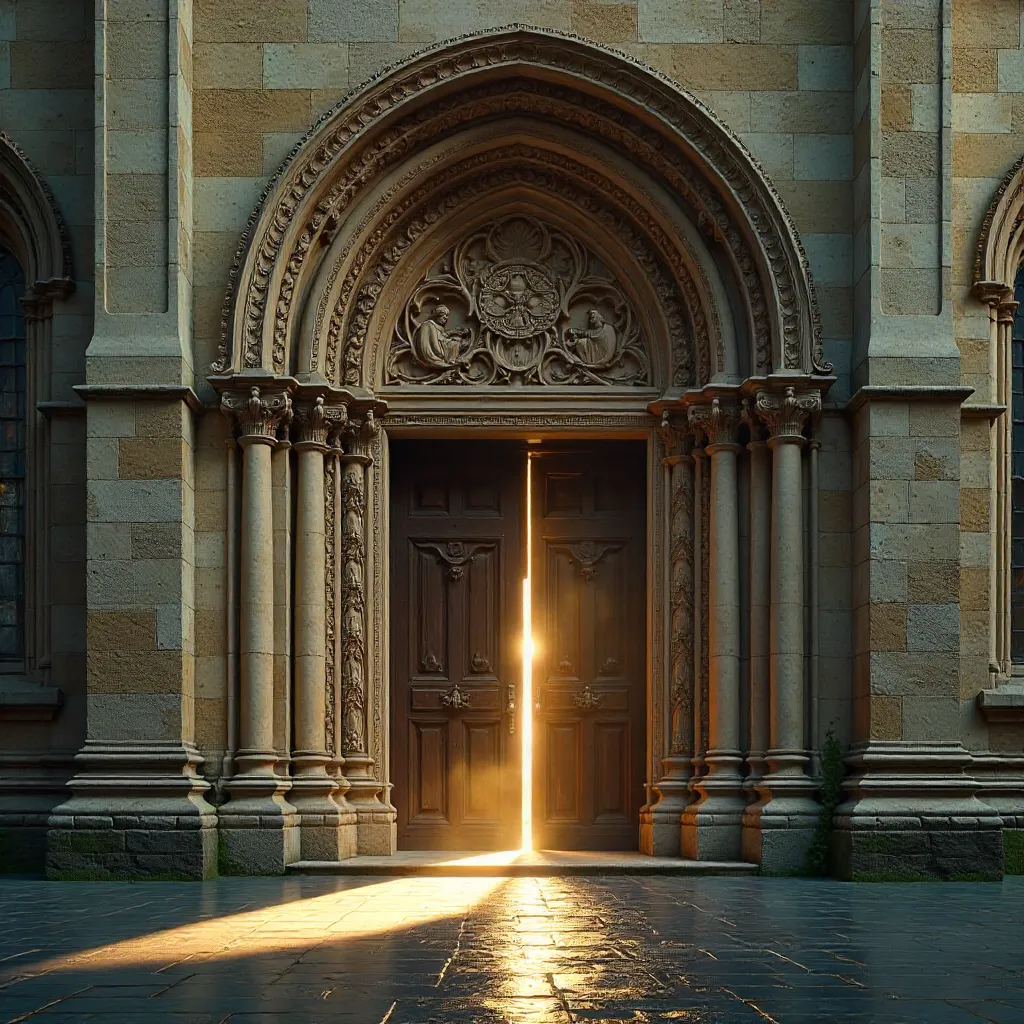 Sunlit Gothic Doorway and Archway with Sculptures
