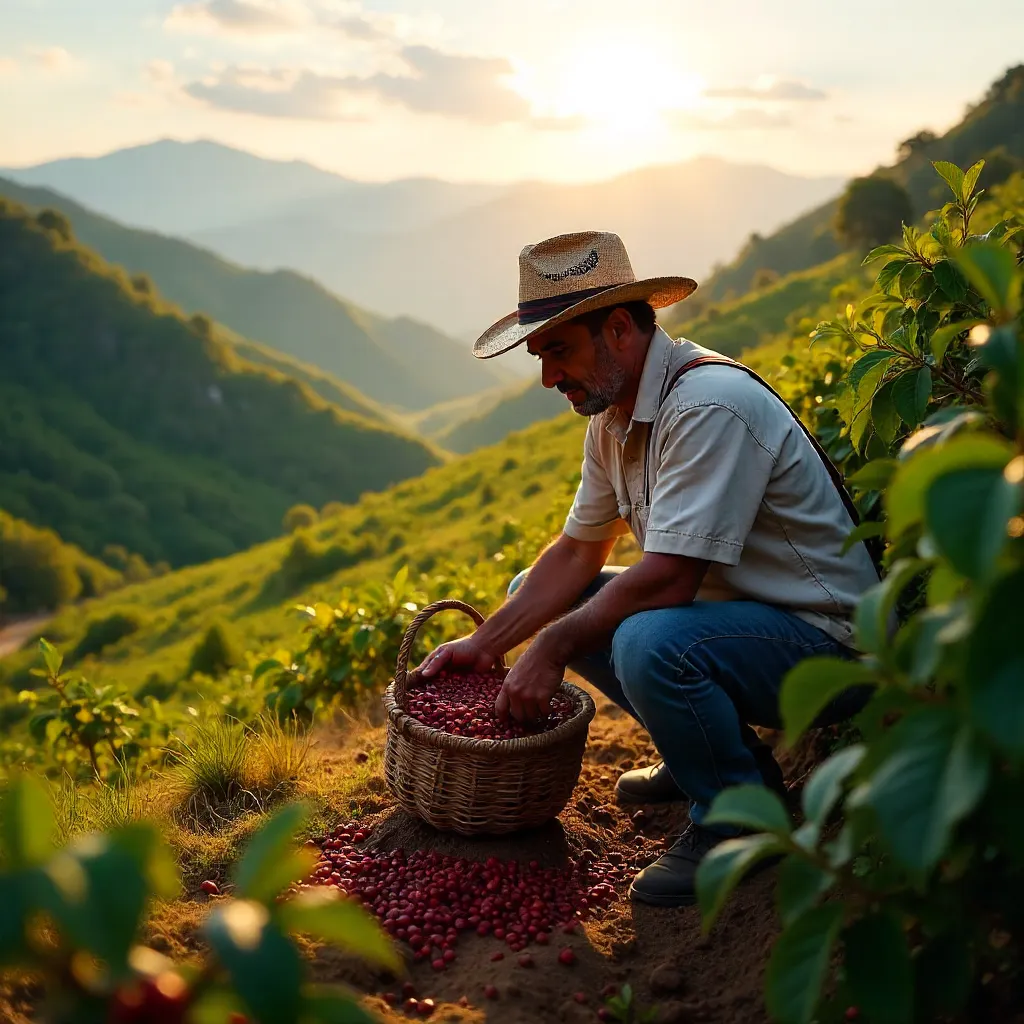 Golden Sunlit Farmer Harvesting Coffee in Xicotepec, Puebla