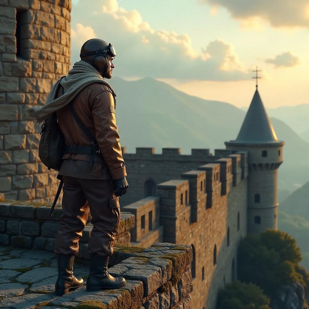 Aerial Pilot on Castle Battlements - 3D Render