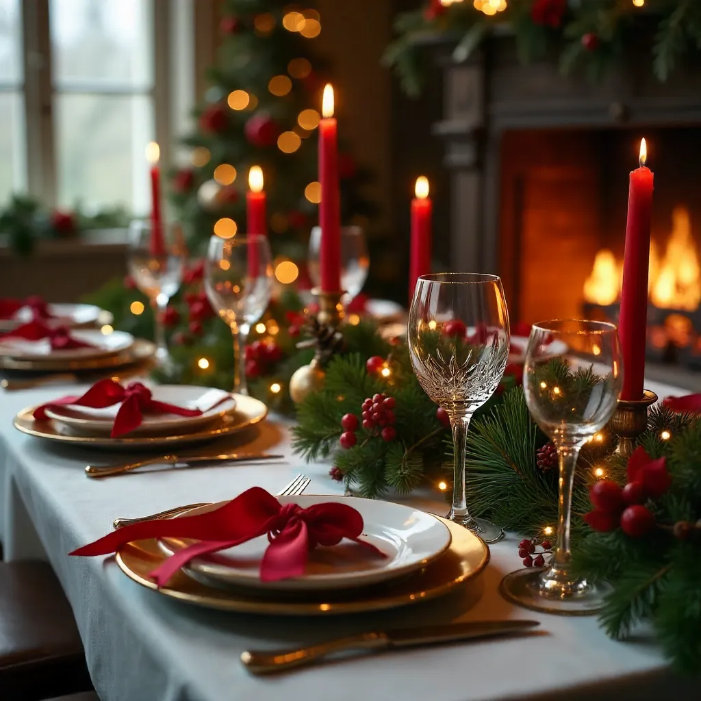 Candlelit Holiday Table with Greenery and Ribbons