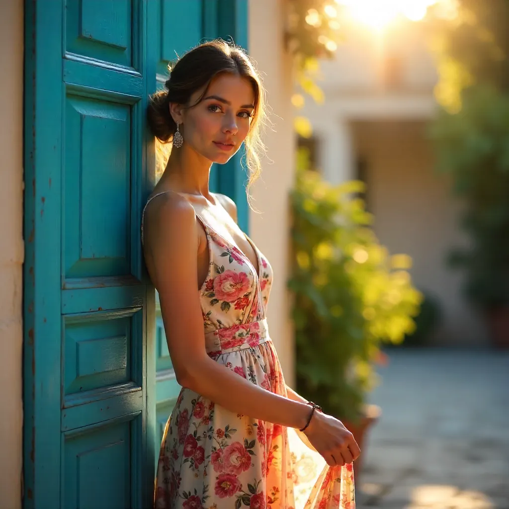Elegant Floral Dress by a Sunlit Blue Door