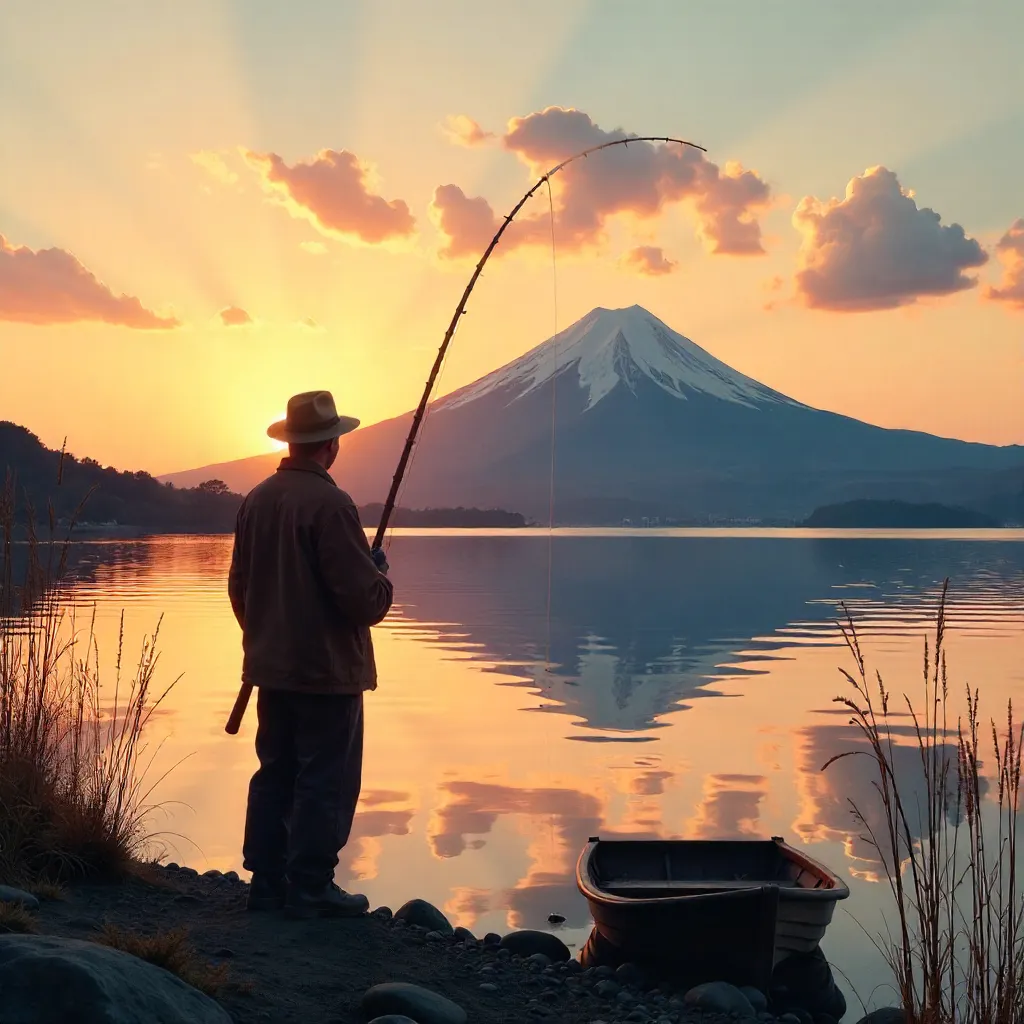Sunset Fisherman at Kawaguchi Lake with Mount Fuji