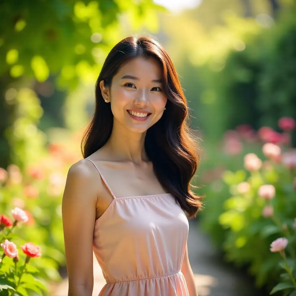 Cheerful Asian Woman in a Lush Garden