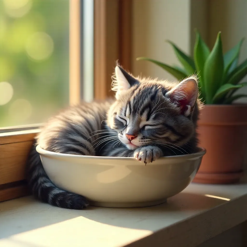 Cozy Gray Kitten Sleeping in a Container by a Plant