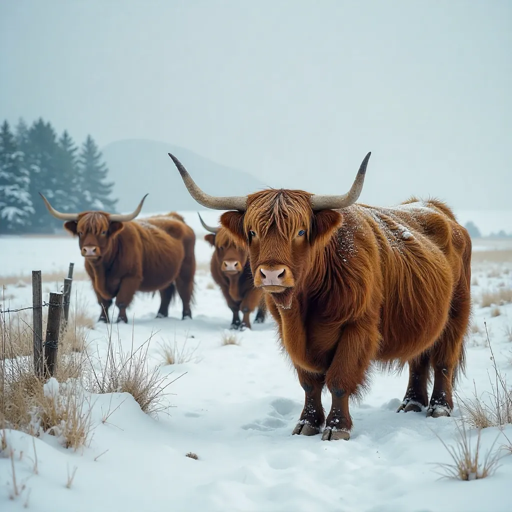 Scottish Highland Cattle in a Snowy Field