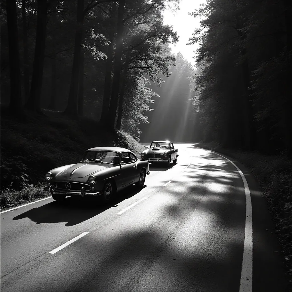 Two Classic Cars on a Winding Forest Road