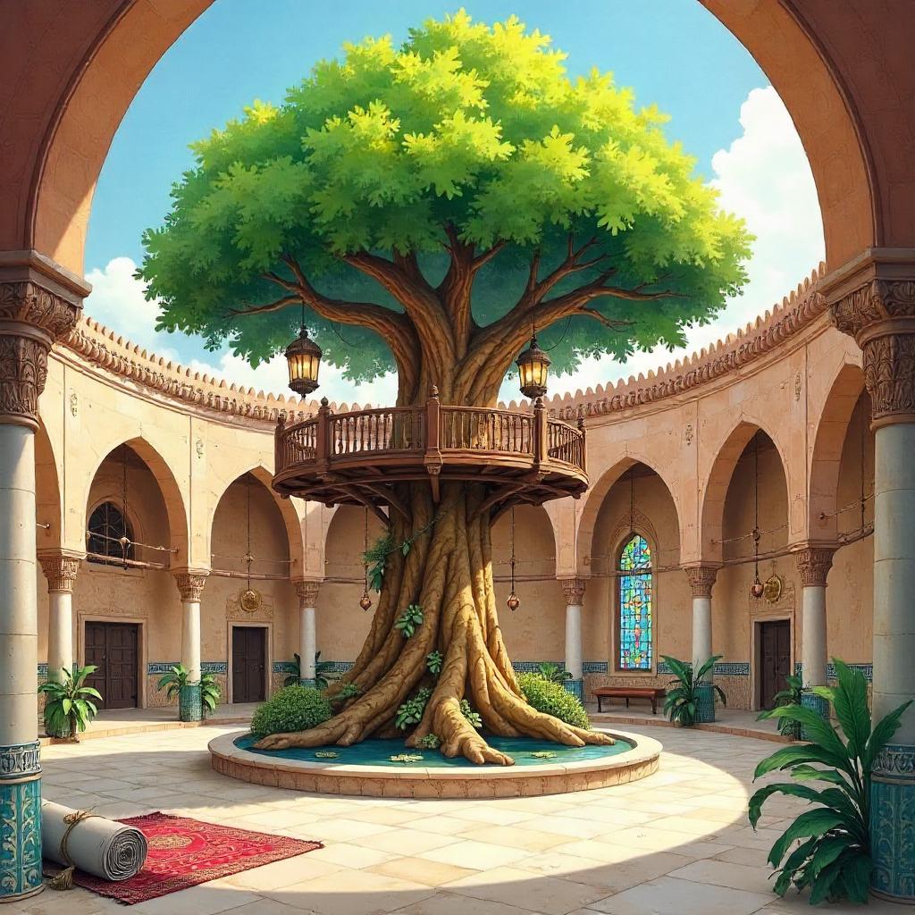 Watercolor Treehouse in a Mosque Courtyard