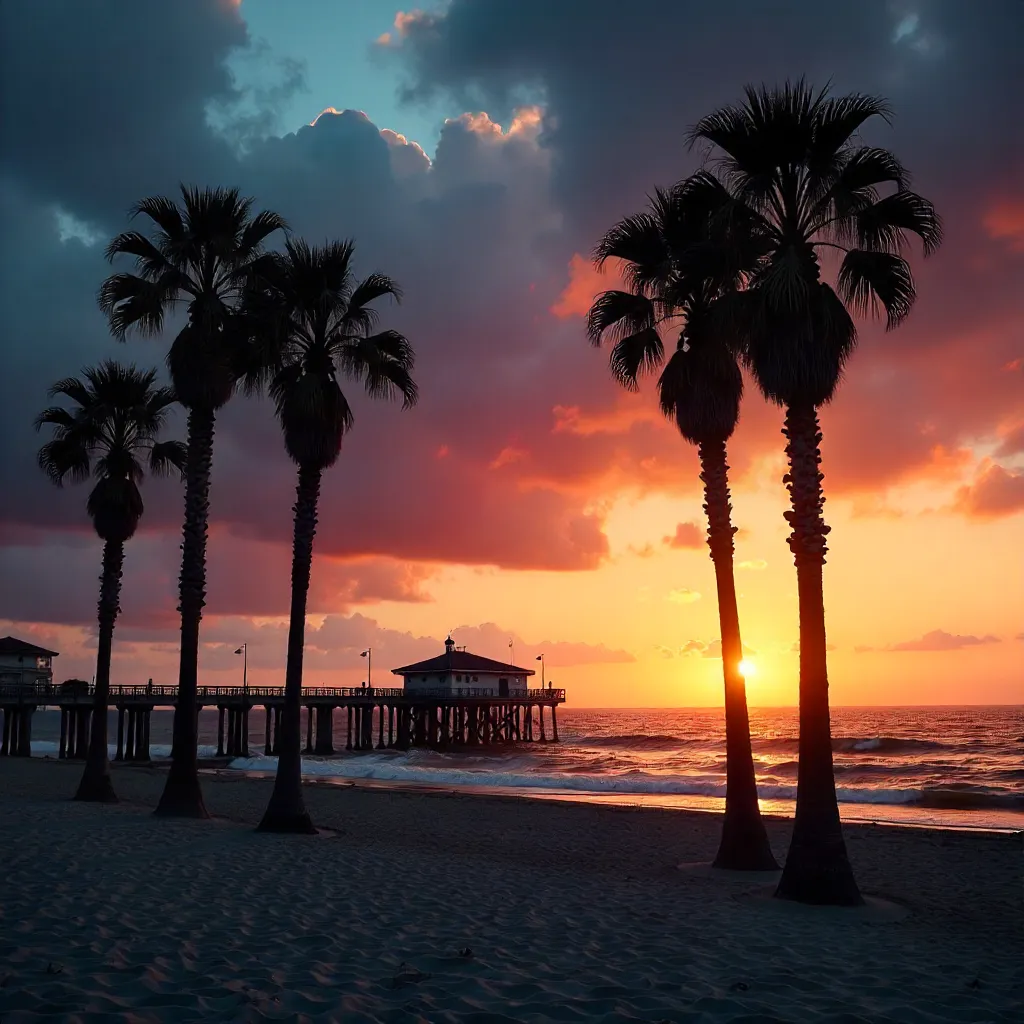 Palm Silhouettes by Manhattan Beach Pier at Sunset