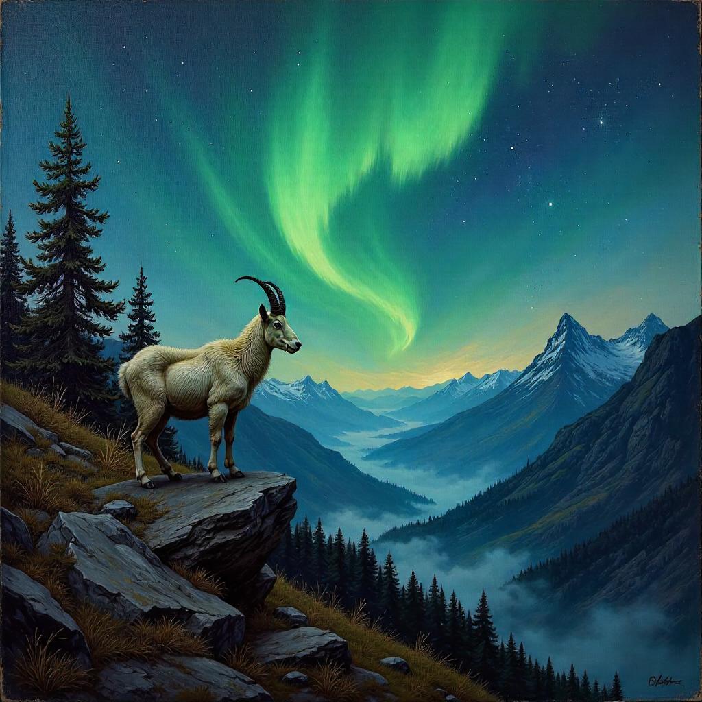 Goat Under Northern Lights - Oil Painting