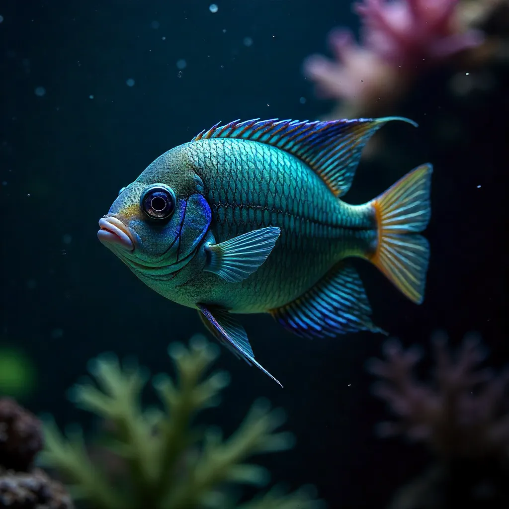 Starlit Glow: Close-Up Tropical Fish in Darkness