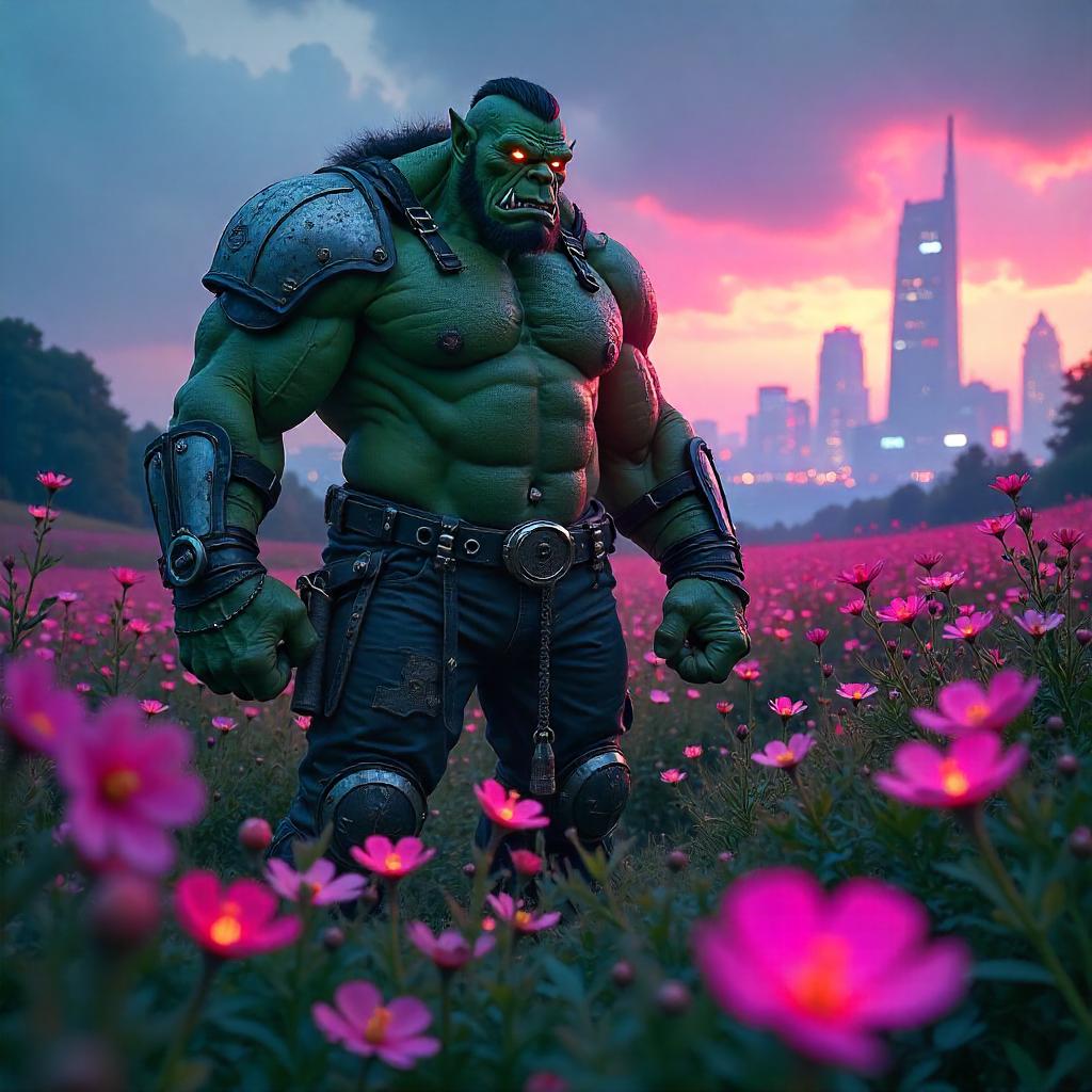 Neon Ogre in a Blooming Cyberpunk Field