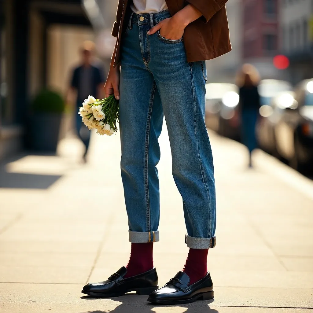 Chic Casual: Glossy Loafers, Maroon Socks, and White Flowers