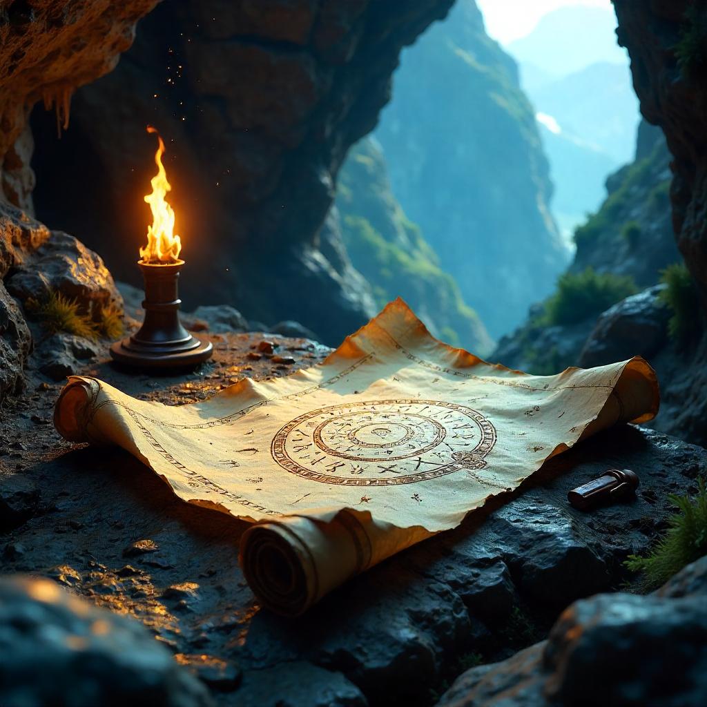 Ancient Scroll Illuminated in a Mountain Cave