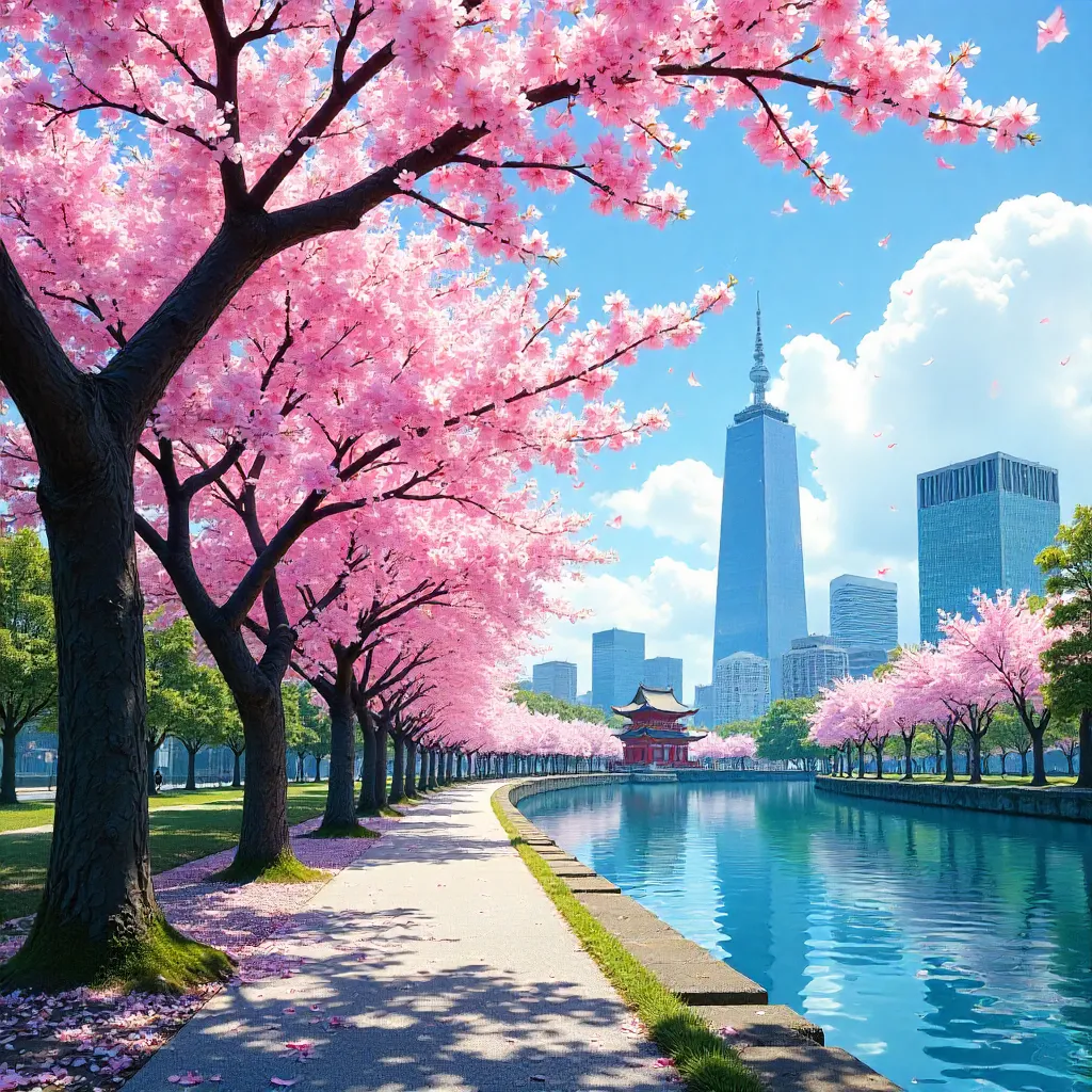 Springtime Sakura in Tokyo under a Clear Blue Sky