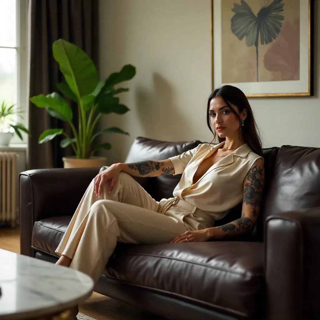 Elegant Tattooed Woman Relaxing on Leather Sofa