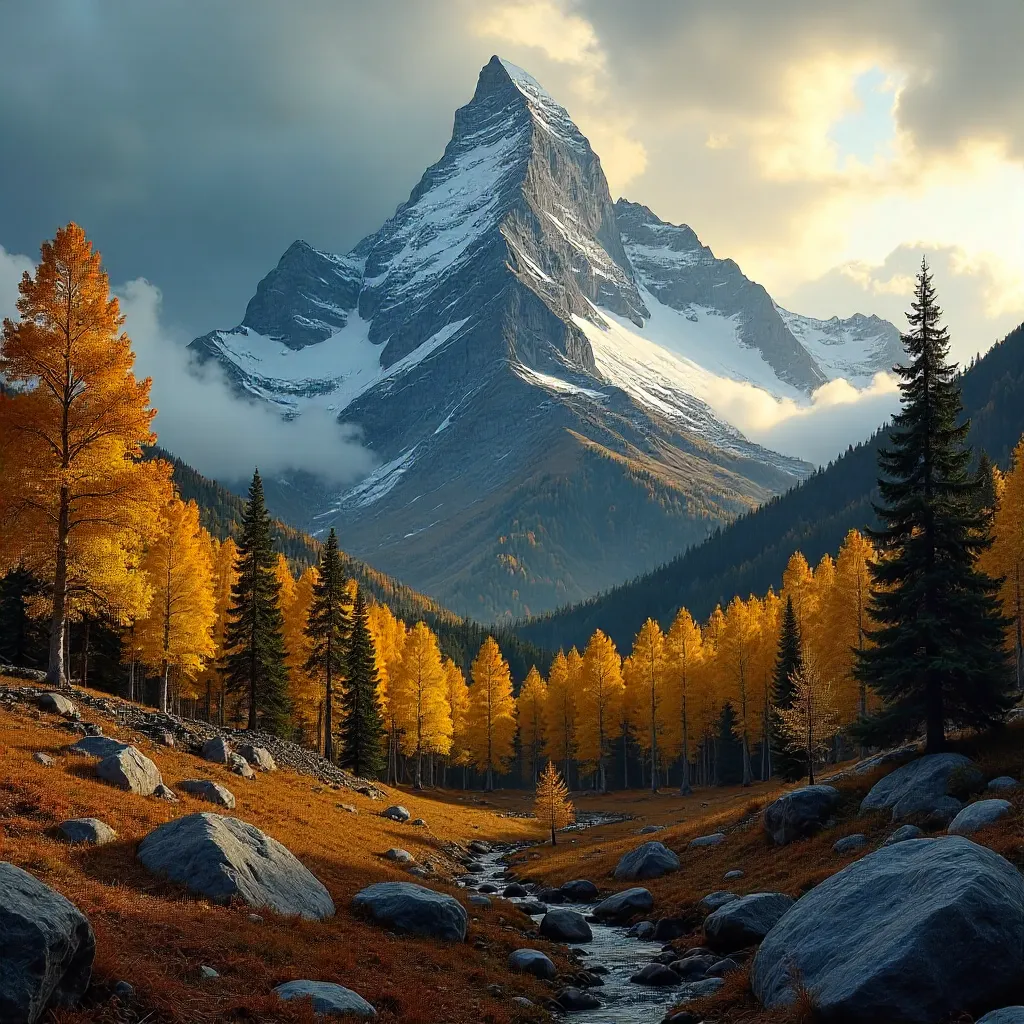 Golden Peak Under Cloudy Autumn Sky