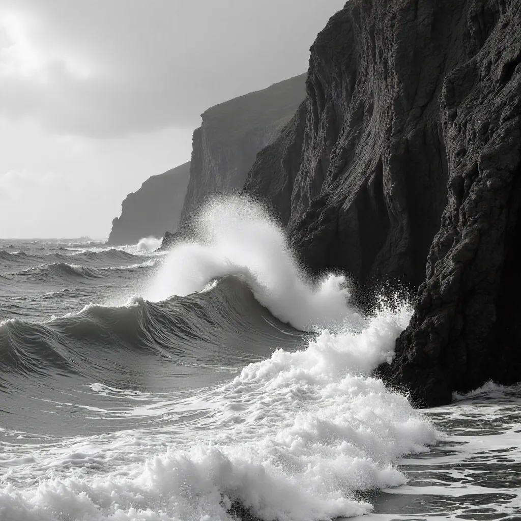 Monochrome Fury: Waves vs Rugged Cliffs