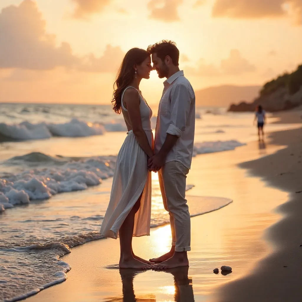 Tender Ocean Moment: Soft Romantic Embrace by the Sea